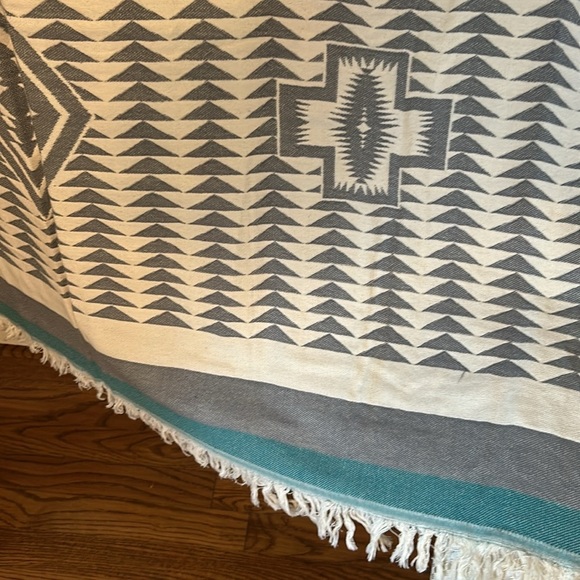 La Jolla SxSW Blanket Anthropologie Organic Cotton Natural Gray Turquoise 2 Side - Picture 4 of 10